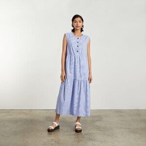 NWOT Everlane The Tiered Midi Dress White / Blue Mini Stripe - Size S